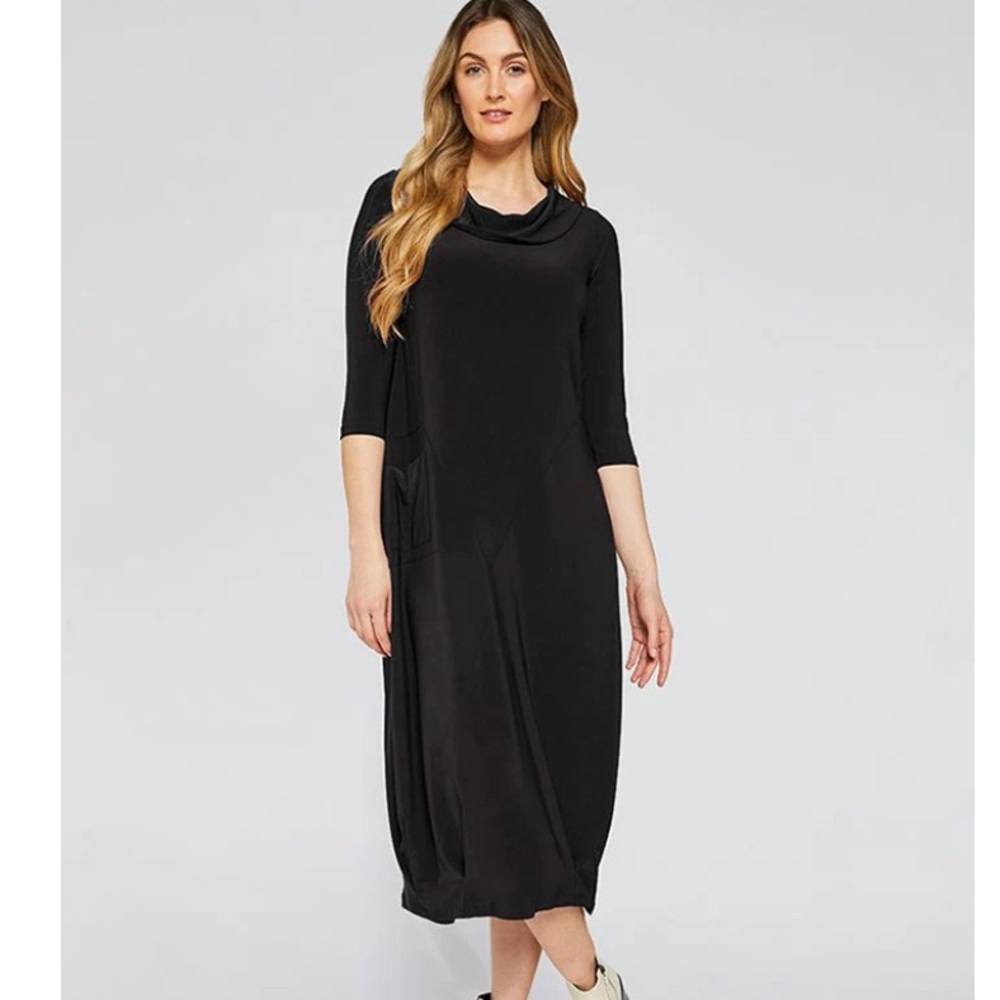 Sympli Angel Seam Pleat Hem Dress Black Size 14 Made In Canada Midi Stretch